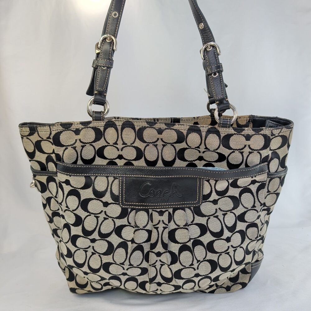 Coach Signature Gallery Tote Bag F14670 Black Gray Canvas Leather Shoulder Purse